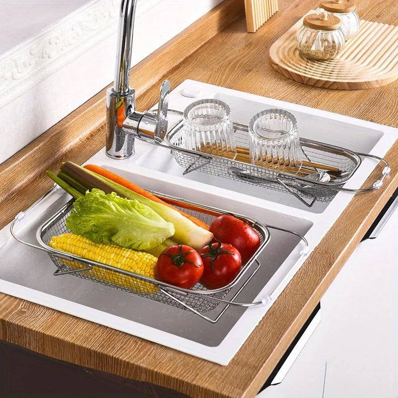 Stainless Steel Over Sink Colander with Expandable Handle for Washing Fruits & Vegetables