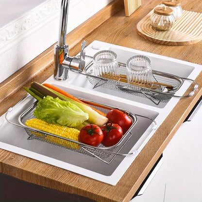 Stainless Steel Over Sink Colander with Expandable Handle for Washing Fruits & Vegetables