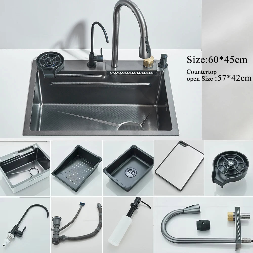 304 Stainless Steel Waterfall Kitchen Sink with Digital Display Faucet, Cup Washer & Soap Dispenser
