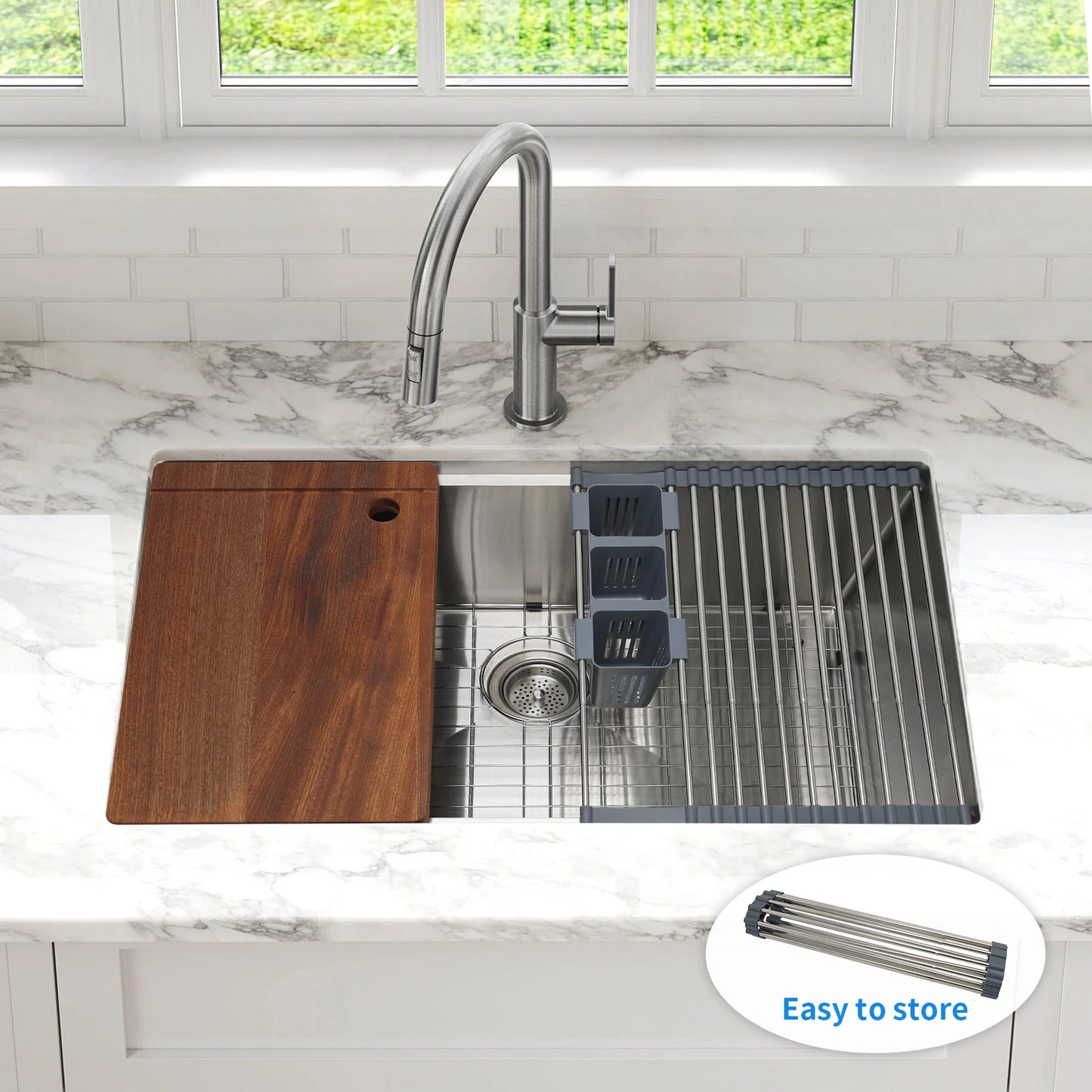 32 Inch Undermount Single Bowl Stainless Steel Kitchen Sink with Cutting Board & Bottom Grid