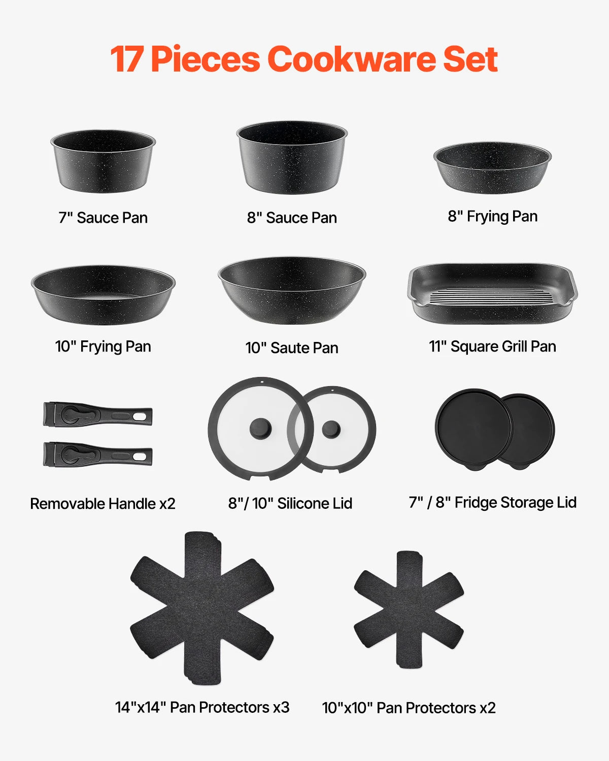 17 Piece Nonstick Granite Cookware Set with Detachable Handles, Induction Compatible Pots and Pans Set