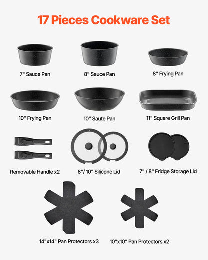 17 Piece Nonstick Granite Cookware Set with Detachable Handles, Induction Compatible Pots and Pans Set
