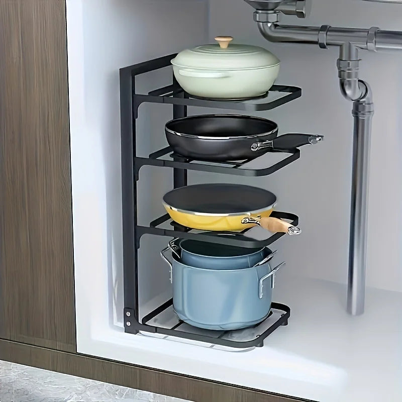Adjustable Pot and Pan Organizer Rack for Kitchen Cabinets – Multi-Layer Carbon Steel Cookware Storage
