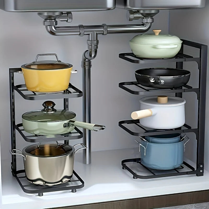 Adjustable Pot and Pan Organizer Rack for Kitchen Cabinets – Multi-Layer Carbon Steel Cookware Storage