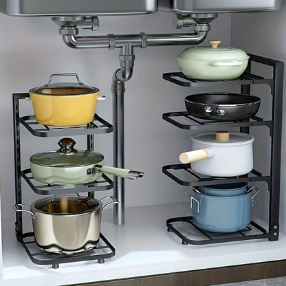Adjustable Pot and Pan Organizer Rack for Kitchen Cabinets – Multi-Layer Carbon Steel Cookware Storage