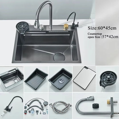 304 Stainless Steel Waterfall Kitchen Sink with Digital Display Faucet, Cup Washer & Soap Dispenser