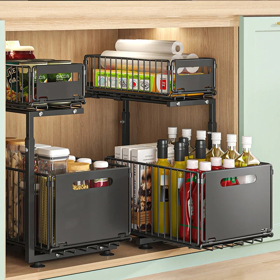 2 Tier Pull Out Under Sink Organizer with Adjustable Sliding Storage Shelves