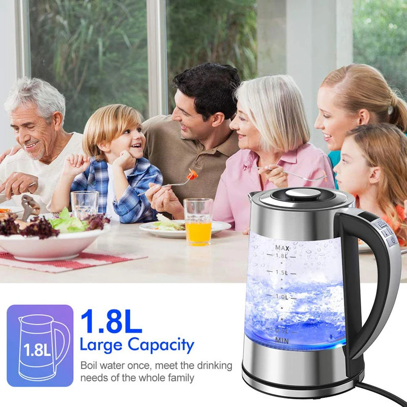 1.8L Electric Glass Kettle with Temperature Control, LED Blue Light & Auto Shut-Off