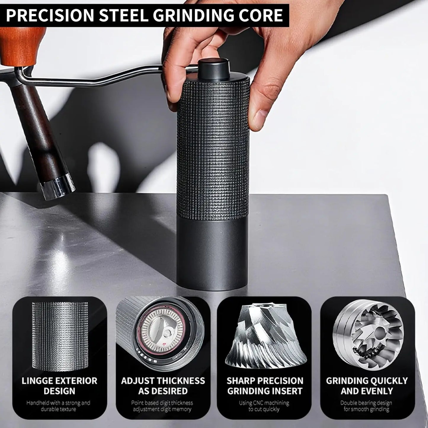 Manual Coffee Grinder with Stainless Steel Burrs & Adjustable Grind Settings for Espresso, Pour Over & French Press