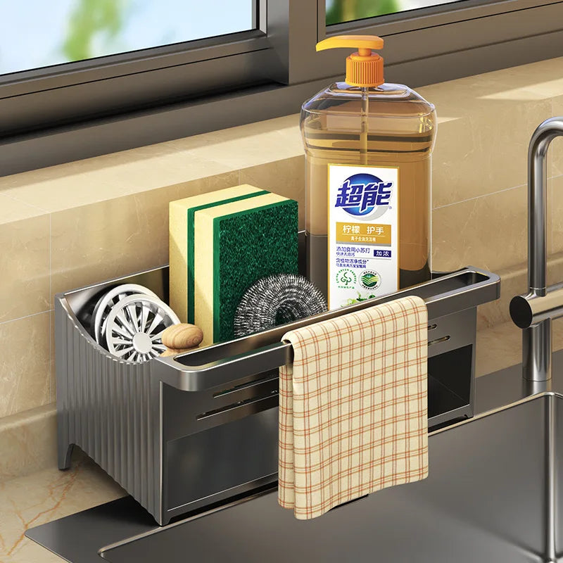 Auto Drain Sink Caddy Organizer with Soap Sponge Holder & Towel Rack for Kitchen & Bathroom