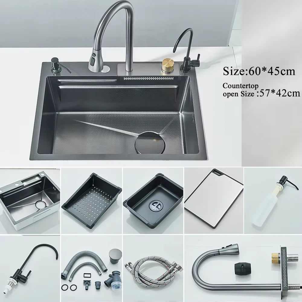 304 Stainless Steel Waterfall Kitchen Sink with Digital Display Faucet, Cup Washer & Soap Dispenser