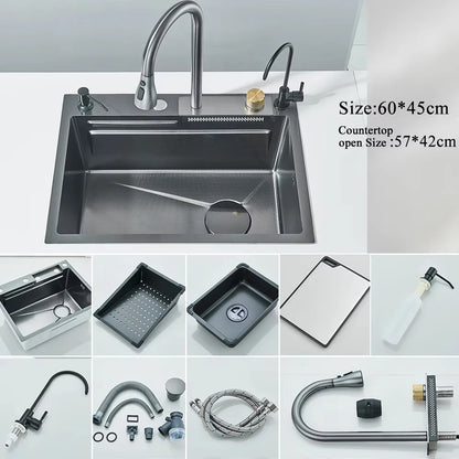 304 Stainless Steel Waterfall Kitchen Sink with Digital Display Faucet, Cup Washer & Soap Dispenser