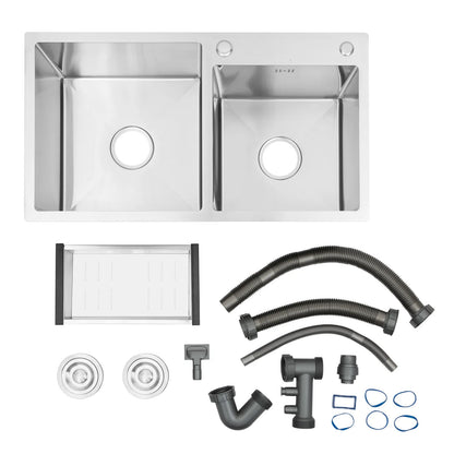 Stainless Steel Double Bowl Kitchen Sink – Drop In Top Mount Sink with Noise Reduction & Fast Drainage