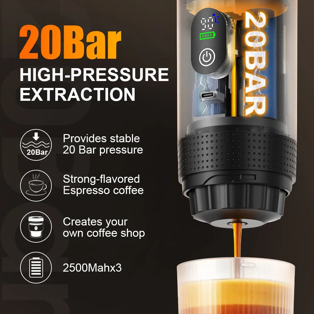 3-in-1 Portable Espresso Coffee Maker with Digital Display, Capsule & Ground Coffee Compatible, 20 Bar Pressure