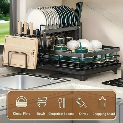 2 Tier Expandable Dish Drying Rack with Drain Board & Utensil Holder for Kitchen Countertop