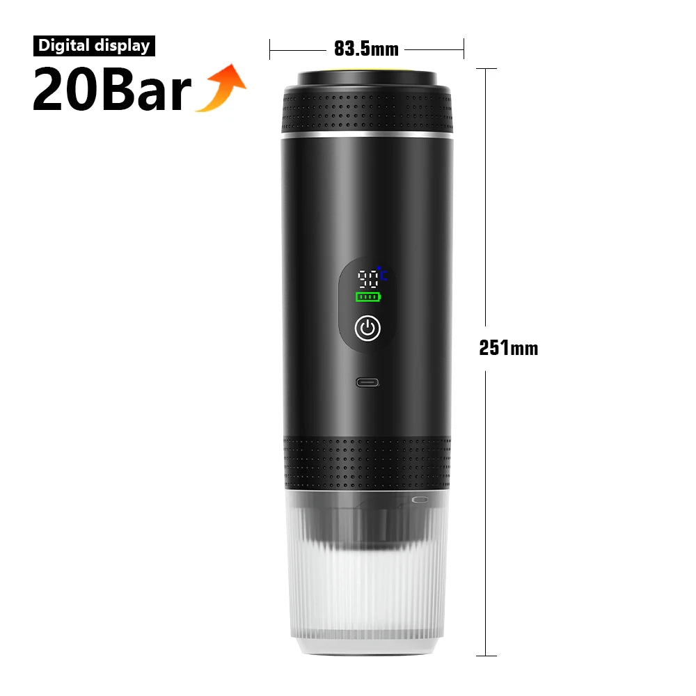 3-in-1 Portable Espresso Coffee Maker with Digital Display, Capsule & Ground Coffee Compatible, 20 Bar Pressure