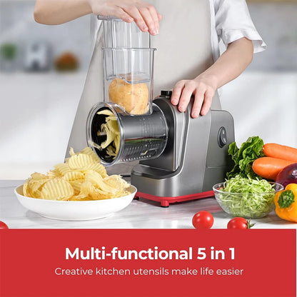 5-in-1 Electric Vegetable Slicer & Cheese Grater Machine – Automatic Salad Shooter with Stainless Steel Blades