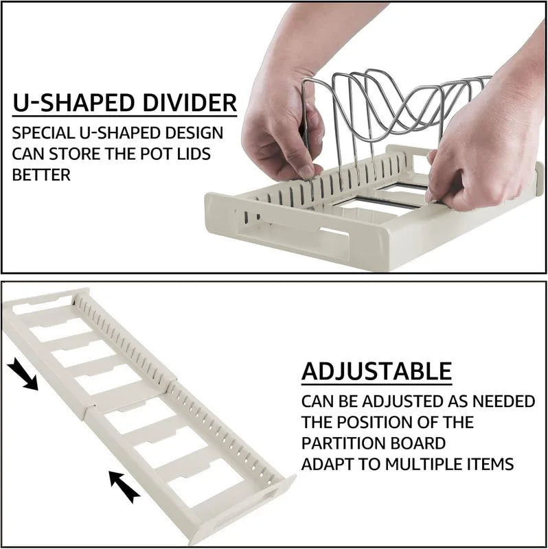Expandable Pot and Pan Organizer Rack with Adjustable Dividers for Kitchen Cabinet Storage
