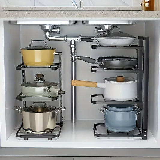 Adjustable Pot and Pan Organizer Rack for Kitchen Cabinets – Multi-Layer Carbon Steel Cookware Storage