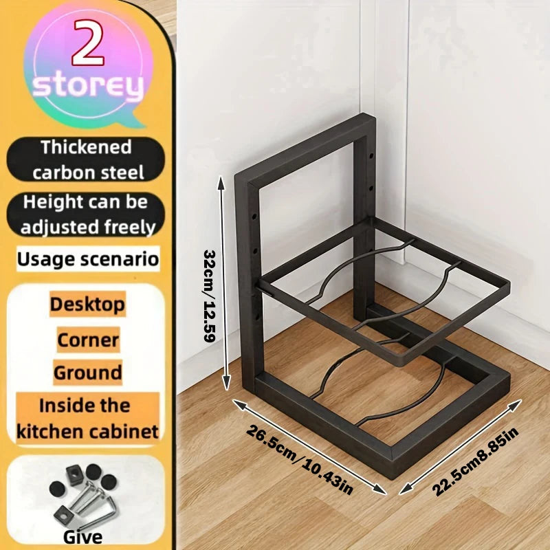 Adjustable Pot and Pan Organizer Rack for Kitchen Cabinets – Multi-Layer Carbon Steel Cookware Storage
