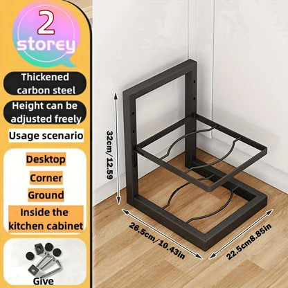 Adjustable Pot and Pan Organizer Rack for Kitchen Cabinets – Multi-Layer Carbon Steel Cookware Storage