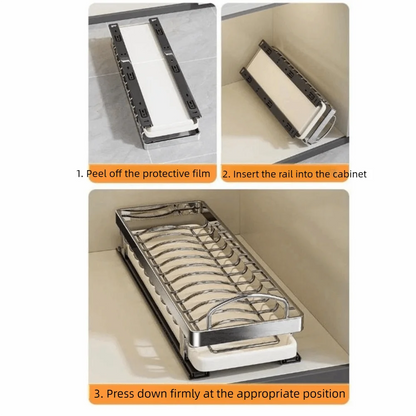Pull Out Stainless Steel Dish Drying Rack with Drain Tray for Kitchen Cabinet Storage
