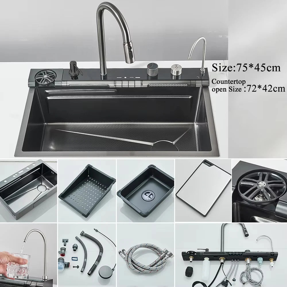 304 Stainless Steel Waterfall Kitchen Sink with Digital Display Faucet, Cup Washer & Soap Dispenser