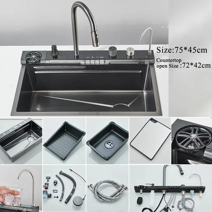 304 Stainless Steel Waterfall Kitchen Sink with Digital Display Faucet, Cup Washer & Soap Dispenser