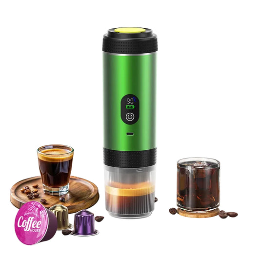 Green portable coffee maker with two glasses of coffee and coffee pods on a white background, featuring the Denokin brand.