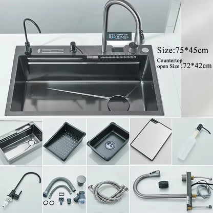 304 Stainless Steel Waterfall Kitchen Sink with Digital Display Faucet, Cup Washer & Soap Dispenser