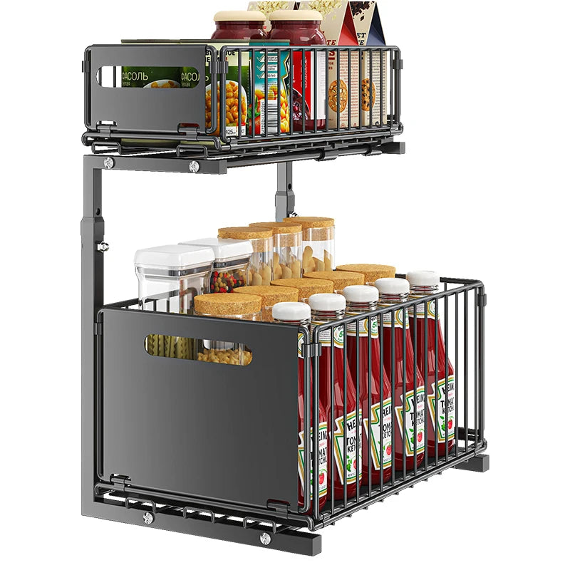 2 Tier Pull Out Under Sink Organizer with Adjustable Sliding Storage Shelves