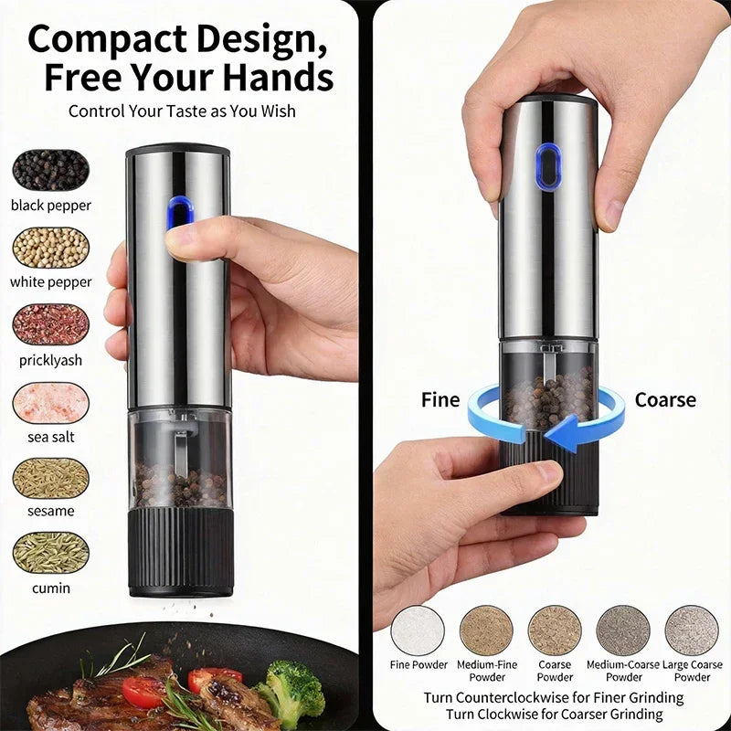 Rechargeable Electric Salt and Pepper Grinder with Adjustable Coarseness – Stainless Steel Spice Mill