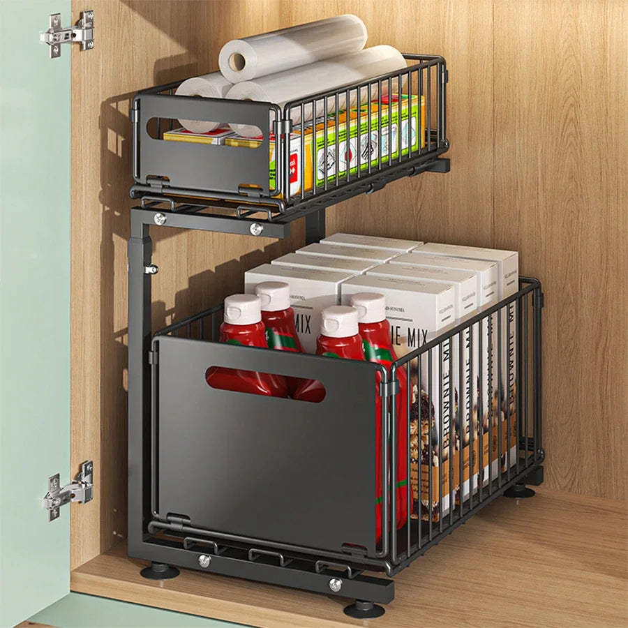 2 Tier Pull Out Under Sink Organizer with Adjustable Sliding Storage Shelves
