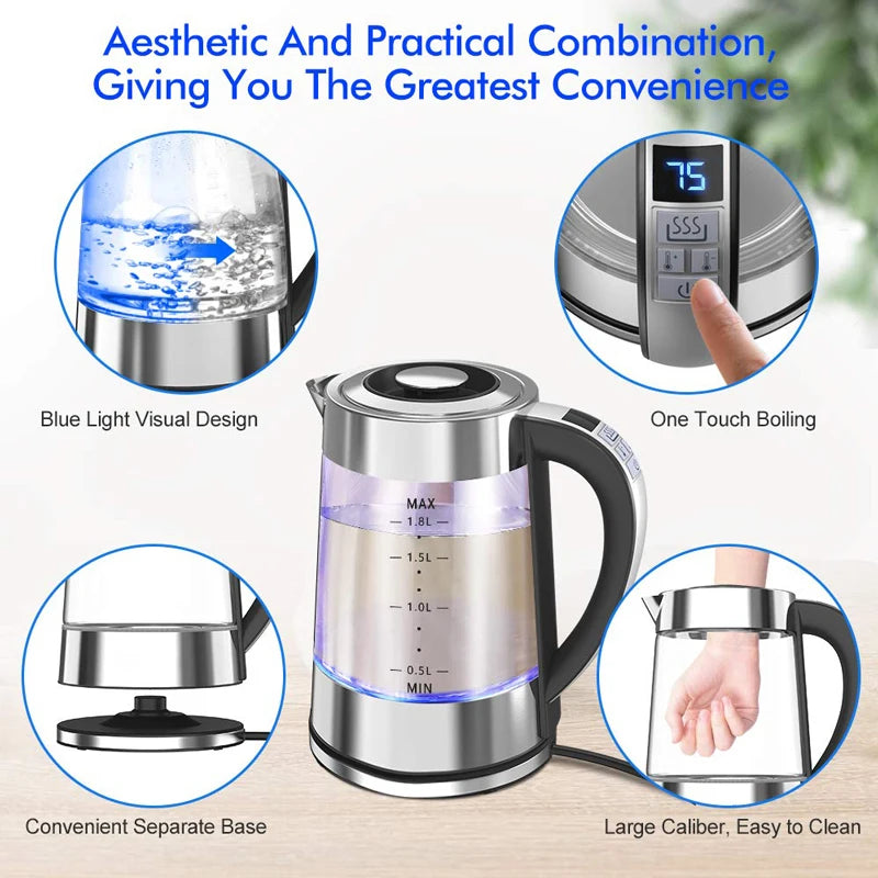1.8L Electric Glass Kettle with Temperature Control, LED Blue Light & Auto Shut-Off