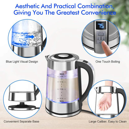 1.8L Electric Glass Kettle with Temperature Control, LED Blue Light & Auto Shut-Off