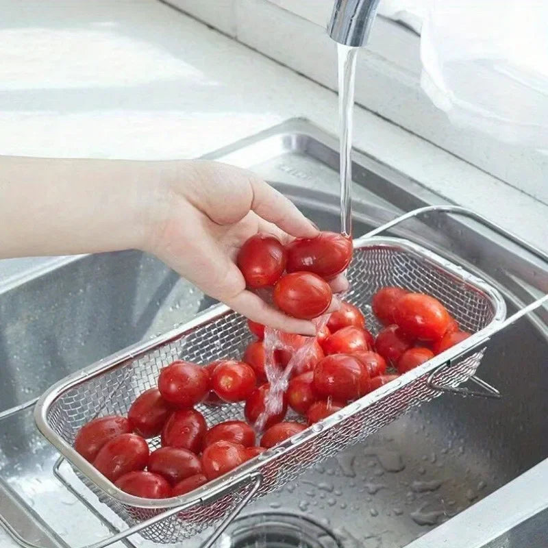 Stainless Steel Over Sink Colander with Expandable Handle for Washing Fruits & Vegetables