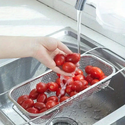 Stainless Steel Over Sink Colander with Expandable Handle for Washing Fruits & Vegetables