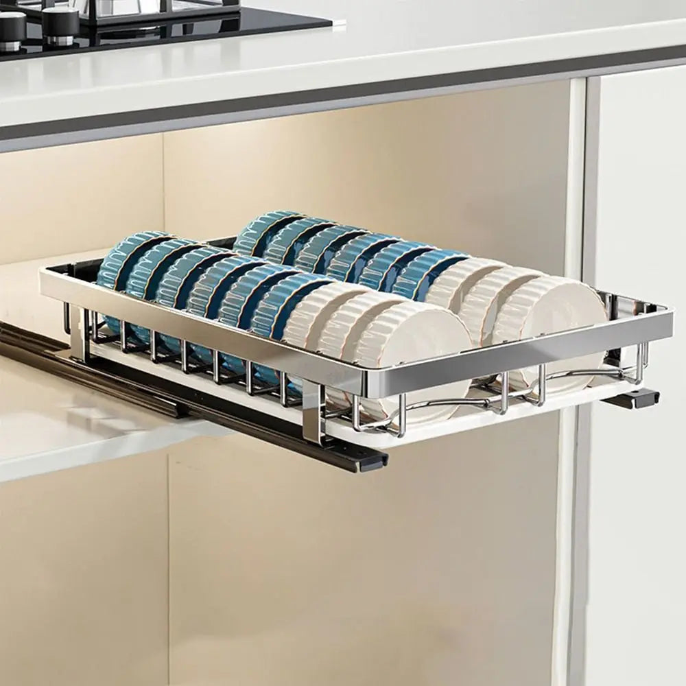 Pull Out Stainless Steel Dish Drying Rack with Drain Tray for Kitchen Cabinet Storage