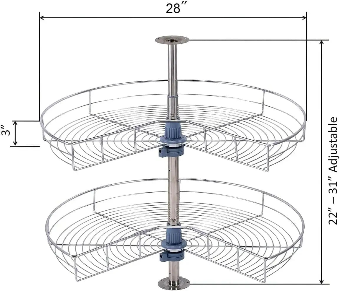 28 Inch Kidney Shape Lazy Susan Corner Cabinet Organizer with 2 Rotating Shelves – Chrome Finish