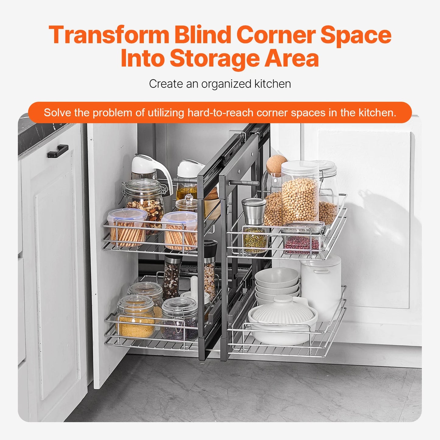 Blind Corner Pull Out Cabinet Organizer with 4 Tier Sliding Storage Baskets for Kitchen Cabinets