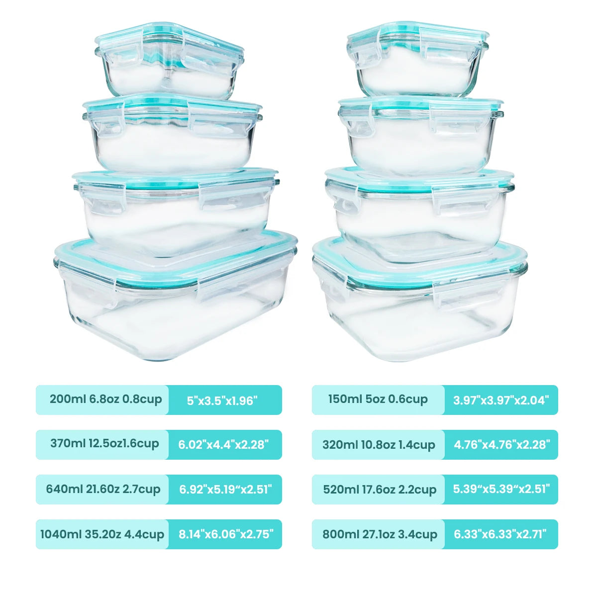 8 Piece Glass Food Storage Containers Set with Airtight Leakproof Lids – Microwave & Oven Safe