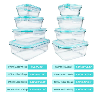 8 Piece Glass Food Storage Containers Set with Airtight Leakproof Lids – Microwave & Oven Safe